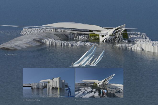 Elevation of futuristic building floating in the ocean