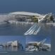 Elevation of futuristic building floating in the ocean