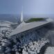 Futuristic building in the ocean with angular canopy and geyser in the background