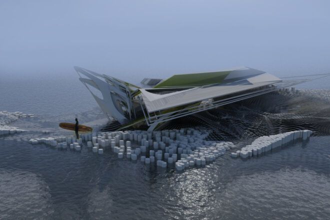 Aerial view of futuristic building with angular canopy floating in the ocean