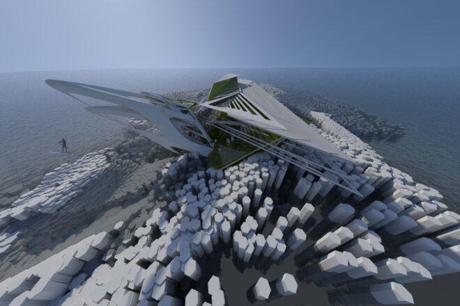 Futuristic building in the ocean with angular wing-like canopy