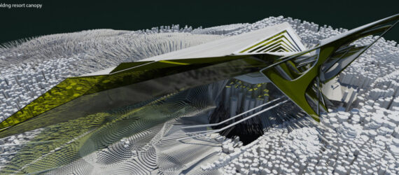 Aerial diagram of futuristic coastal building with angular roof elements