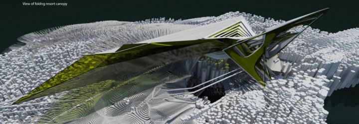 Aerial diagram of futuristic coastal building with angular roof elements