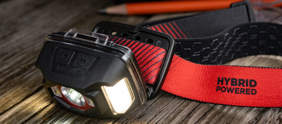 A headlamp on a wooden surface