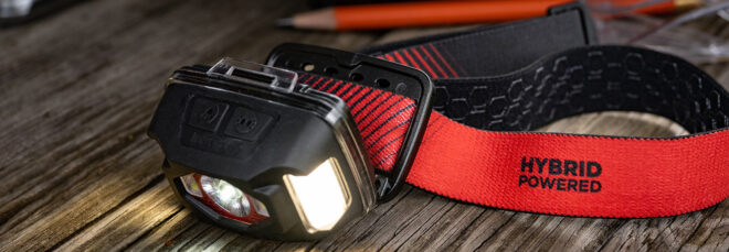 A headlamp on a wooden surface