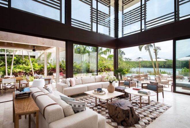 The interior living room space with open walls