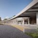 Modern, curved library building with a glass facade