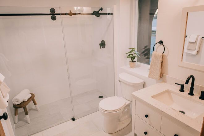 A bathroom with a standing shower