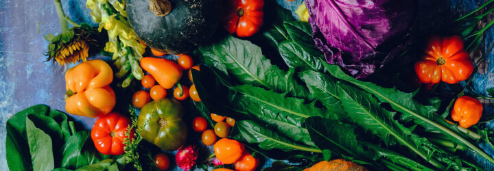 An assortment of vegetables laid out on a blue blanket