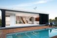 An outdoor pool leads into an open wall to the living room
