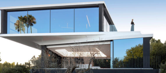 A two story geometric shaped modern home