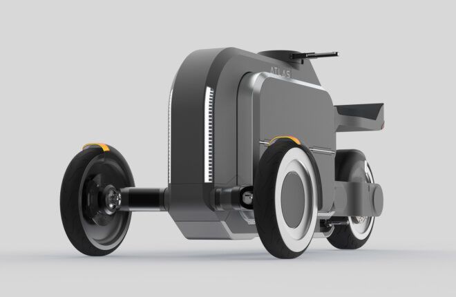 A gray metal three-wheel robot