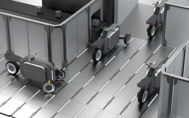 Multiple gray robots on the ground of some area