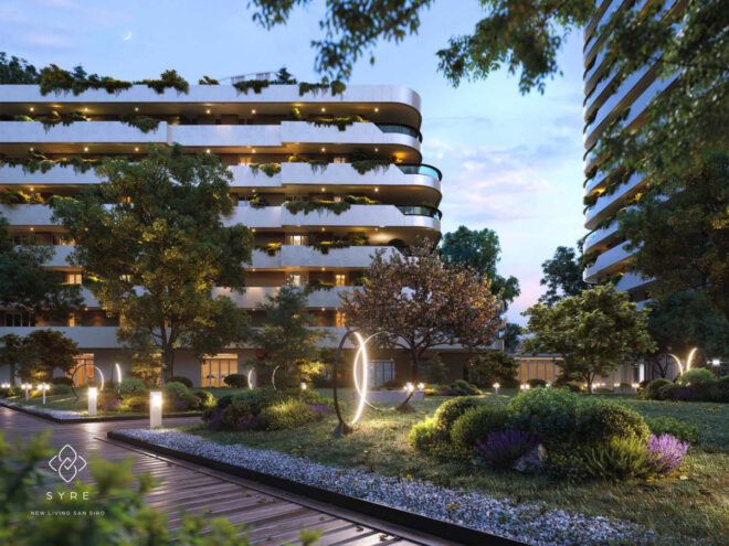 Curvilinear partment block surrounded with green spaces