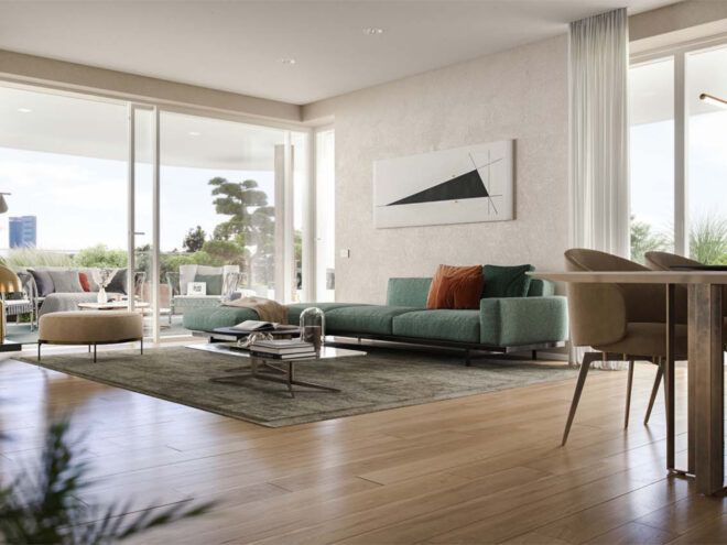 Apartment living room interior with an open-plan living and dining area