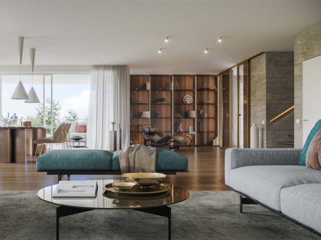 Apartment living room interior with an open-plan living area