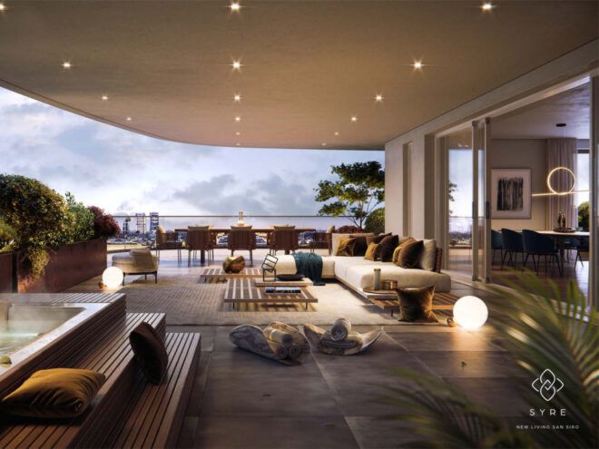 Outdoor terrace/balcony with a jacuzzi and outdoor sitting and dining facilitators
