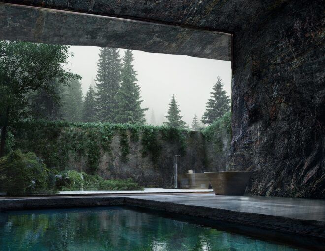 A cutout opening leading to a pool