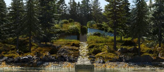 A river in front of a home hidden in the forest