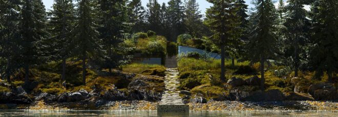 A river in front of a home hidden in the forest