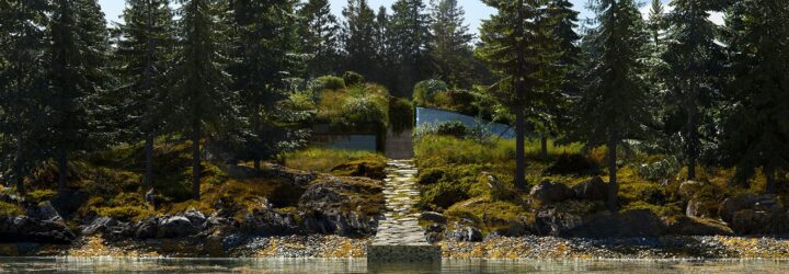 A river in front of a home hidden in the forest