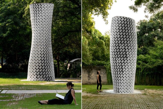 Collage of two images of a woman seated in front of, and looking up to, the VERTO air purification tower