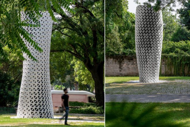 Collage of two images. Left shows man walking near the air purification tower, right shows the air purification tower in a park