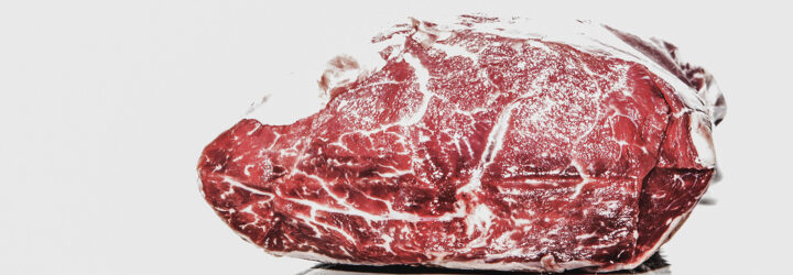 A slab of meat against a gray background