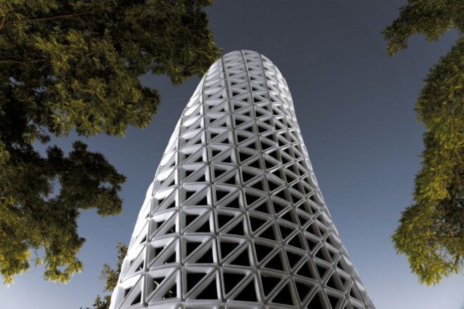 Worm's-eye view of the VERTO air purification tower at night