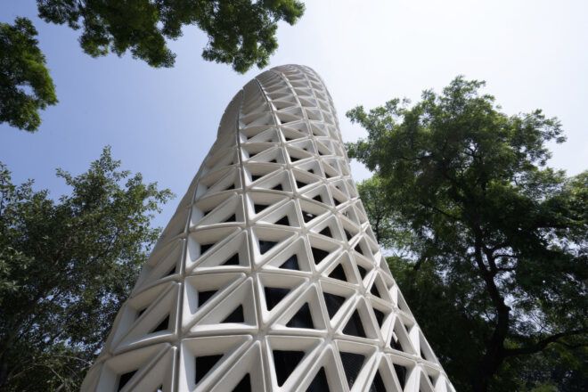 Worm's-eye view of the VERTO air purification tower