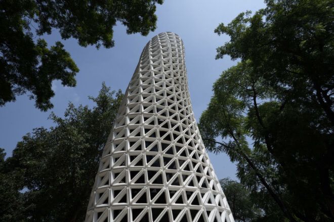 Worm's-eye view of the VERTO air purification tower