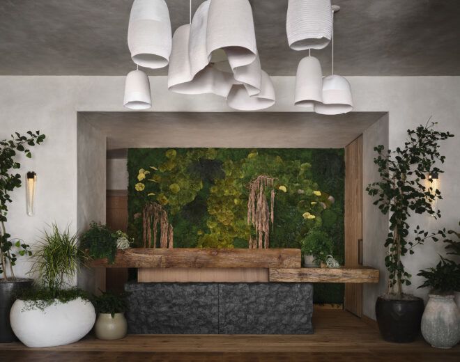 A table with a green wall underneath an artistic white installation