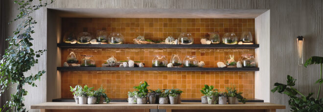 A work space with a wall of shelves with supplies