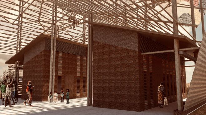A warehouse within a thatched roof