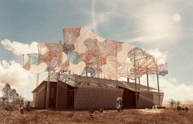 A long warehouse with an artwork of nets above it