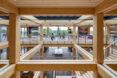 A business with exposed wooden beams