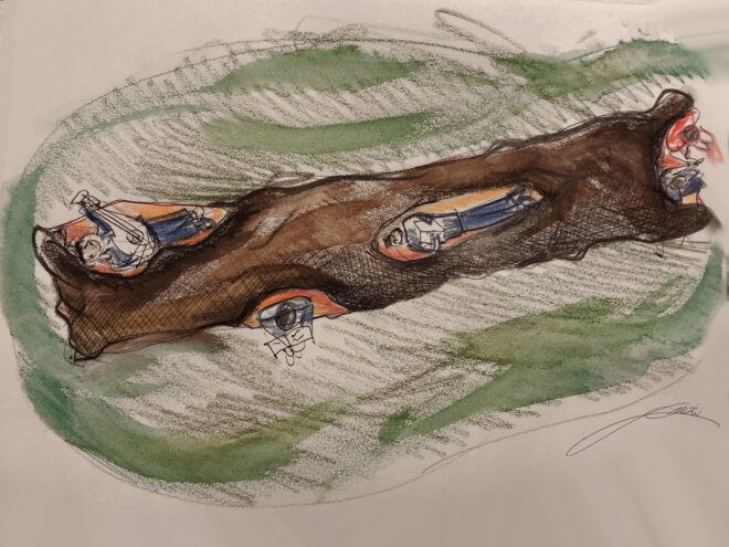 A drawing of a tree stump with people lying in its crevices