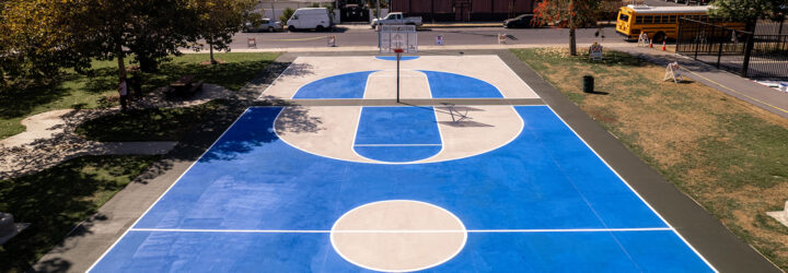 A basketball court painted with areas to be blue