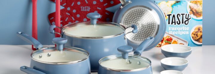 A set of cookware including a Tasty booklet, Dutch Oven, two sizes of pots, a pan and three prep bowls