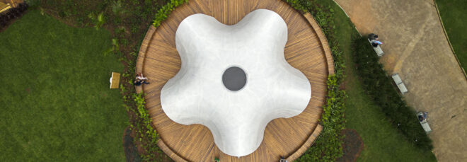Aerial view of the flower-shaped Dolce Gusto Neo flagship store