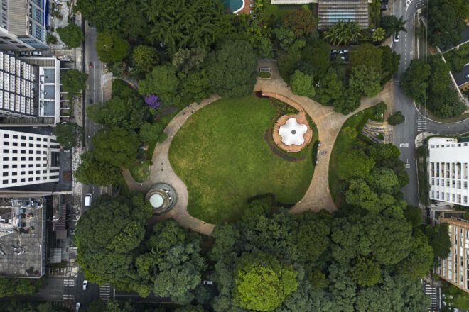 Aerial view of the flower-shaped Dolce Gusto Neo flagship store in a public park