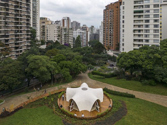 Aerial view of a flower-shaped structure in a public city park